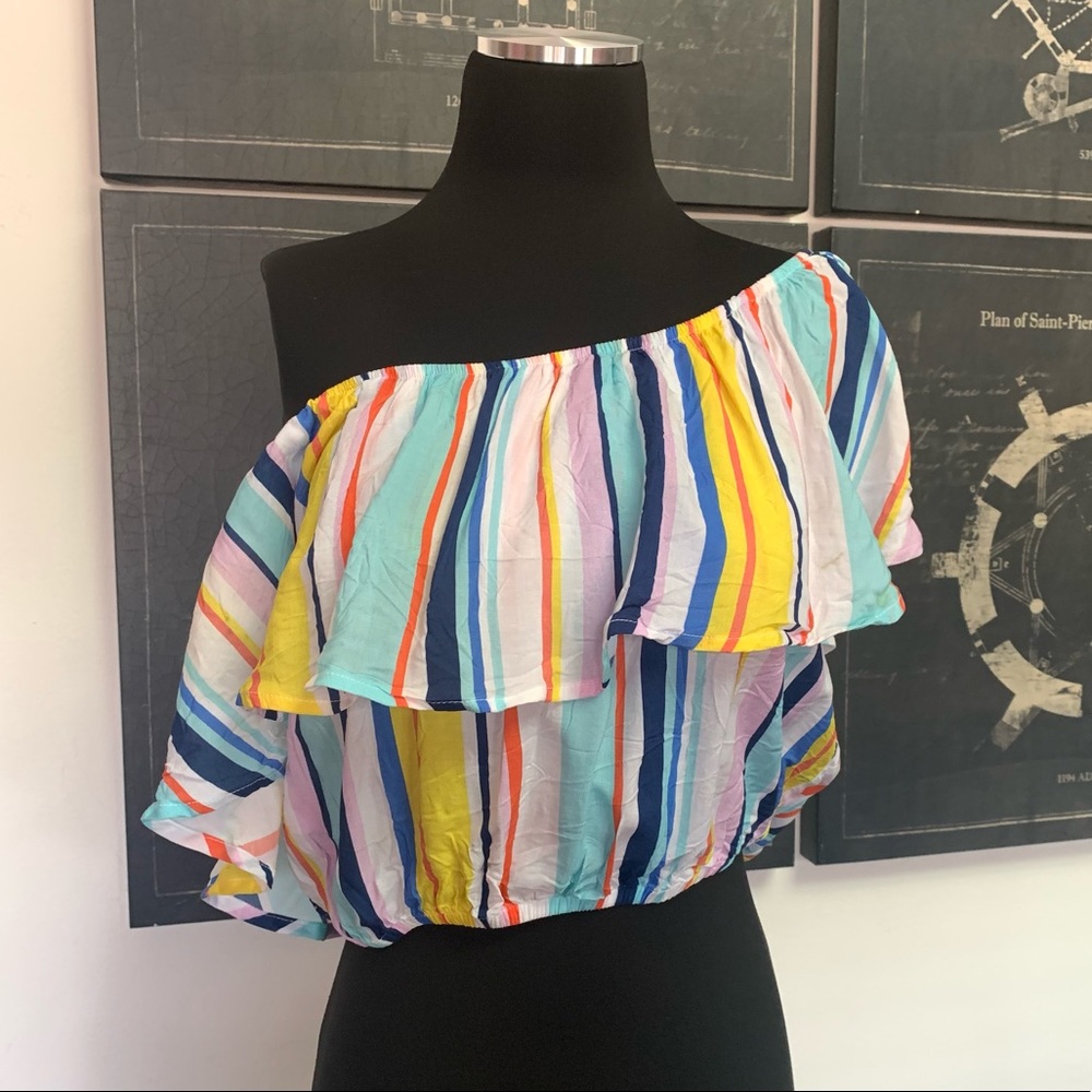 NANETTE LEPORE STRIPE OFF SHOULDER CROP TOP